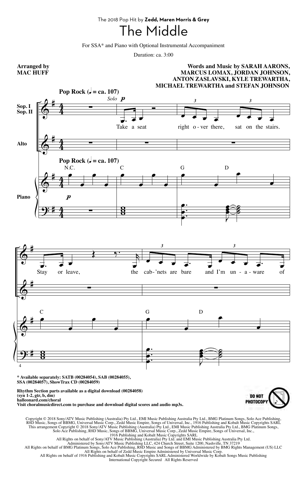 Zedd, Maren Morris & Grey The Middle (arr. Mac Huff) sheet music notes and chords arranged for SSA Choir