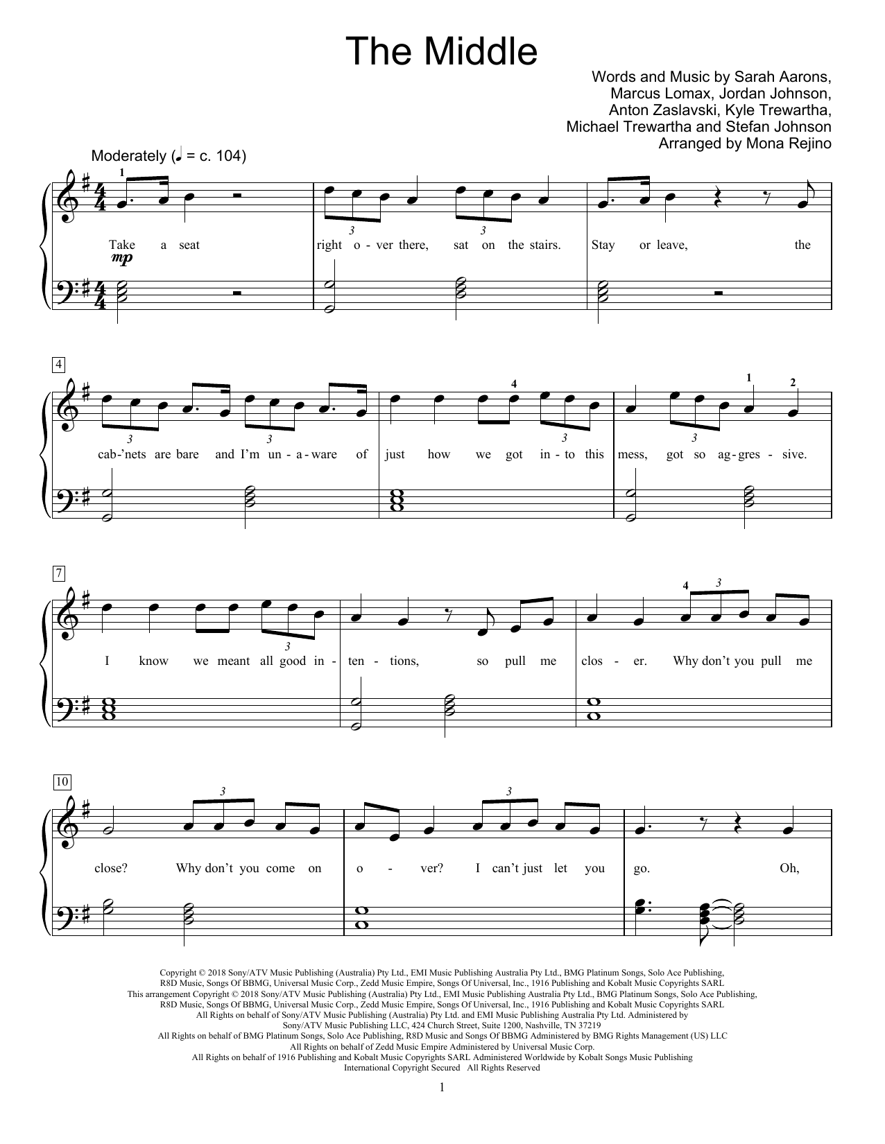 Zedd, Maren Morris & Grey The Middle (arr. Mona Rejino) sheet music notes and chords arranged for Educational Piano