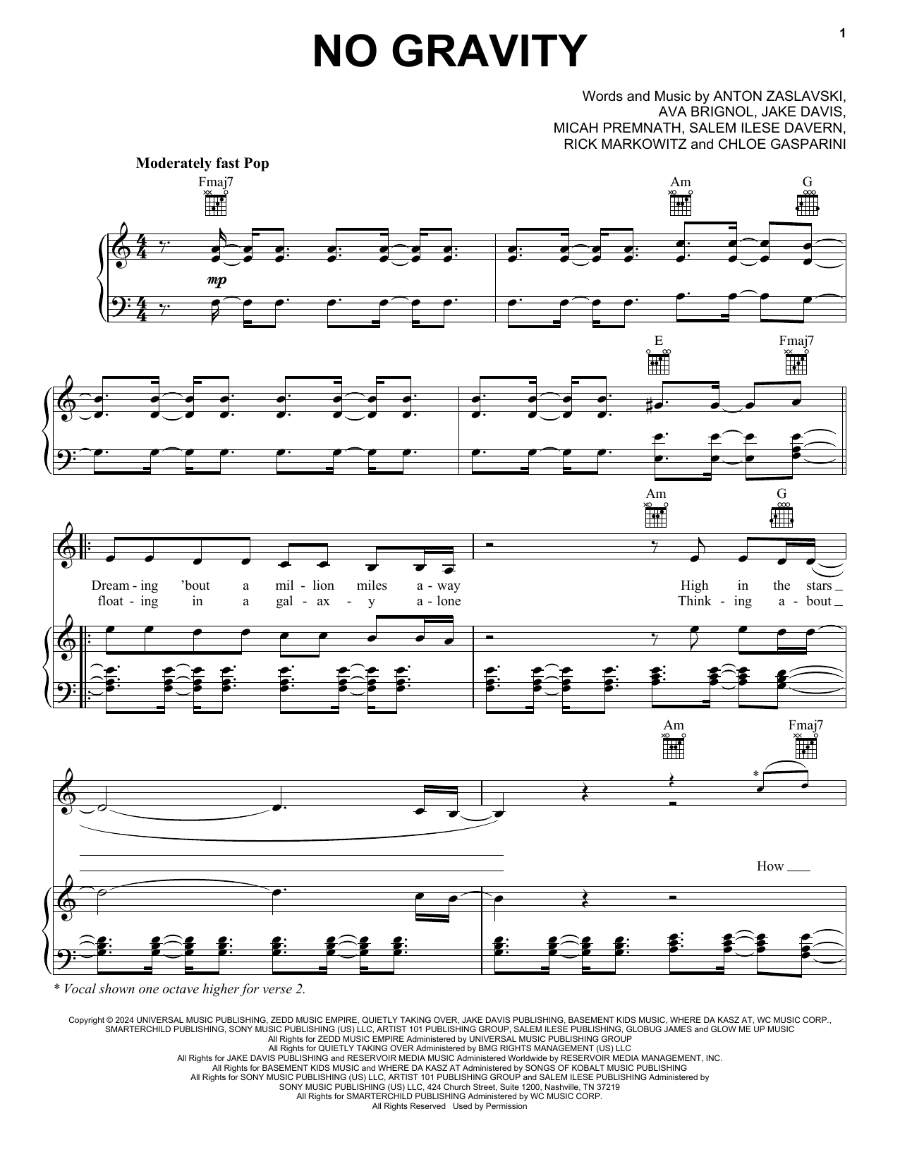 Zedd No Gravity (feat. Bava) sheet music notes and chords arranged for Piano, Vocal & Guitar Chords (Right-Hand Melody)