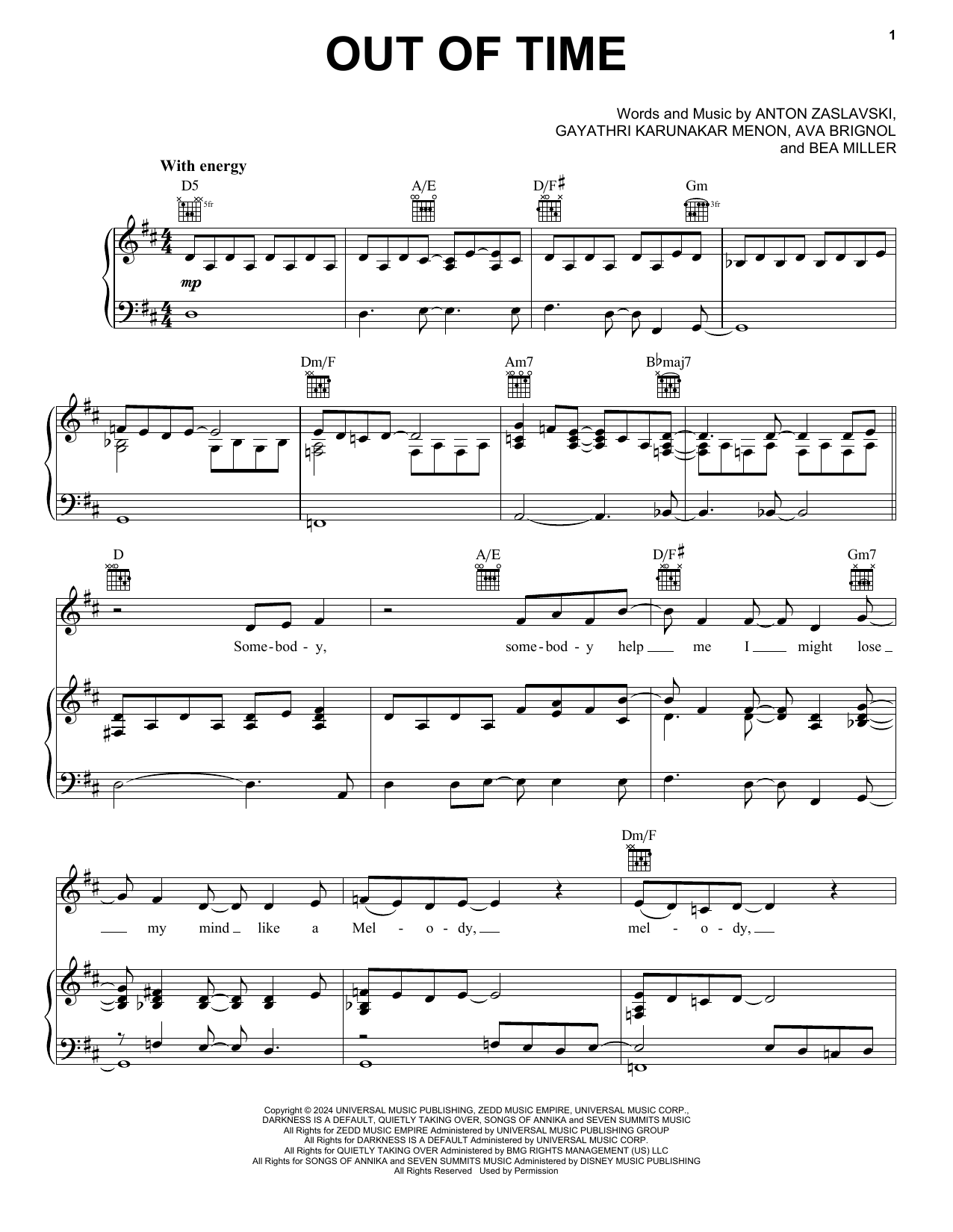 Zedd Out Of Time (feat. Bea Miller) sheet music notes and chords arranged for Piano, Vocal & Guitar Chords (Right-Hand Melody)