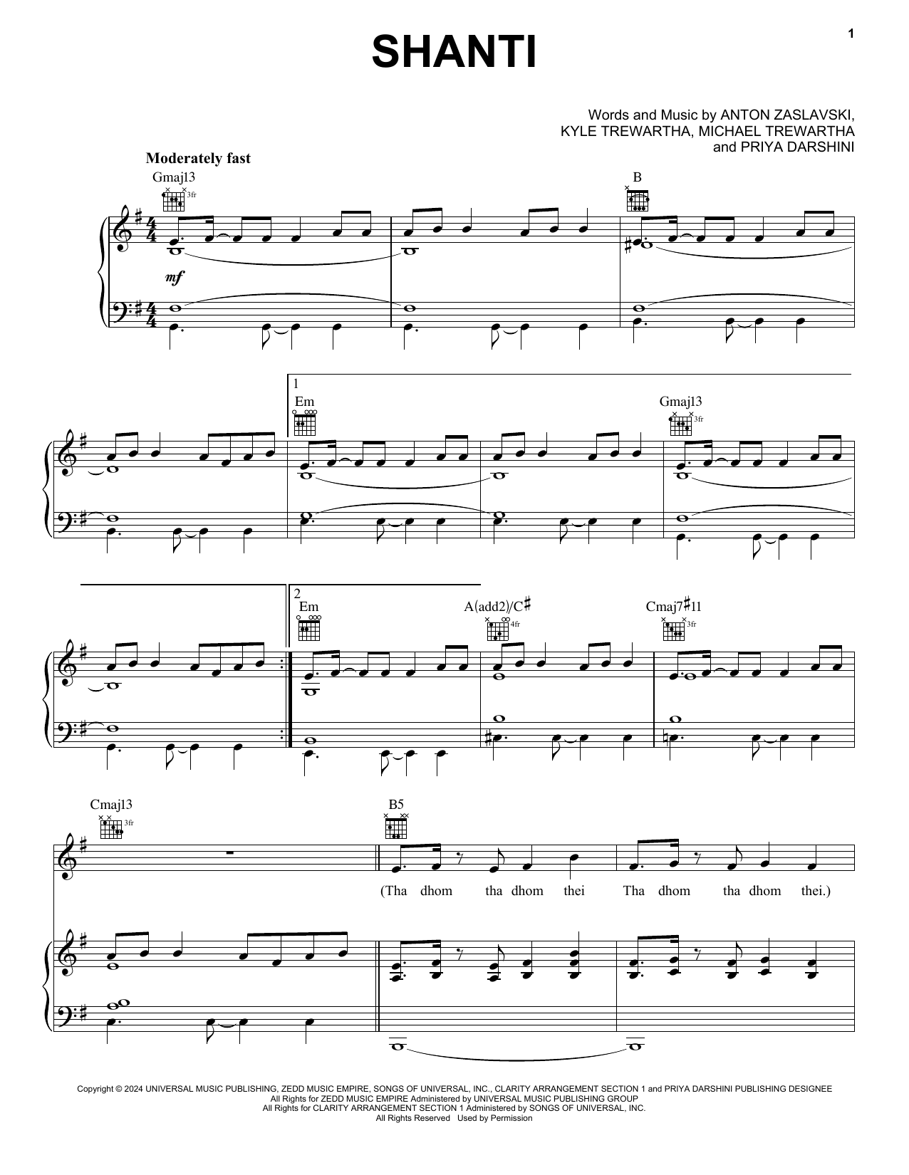Zedd Shanti sheet music notes and chords arranged for Piano, Vocal & Guitar Chords (Right-Hand Melody)