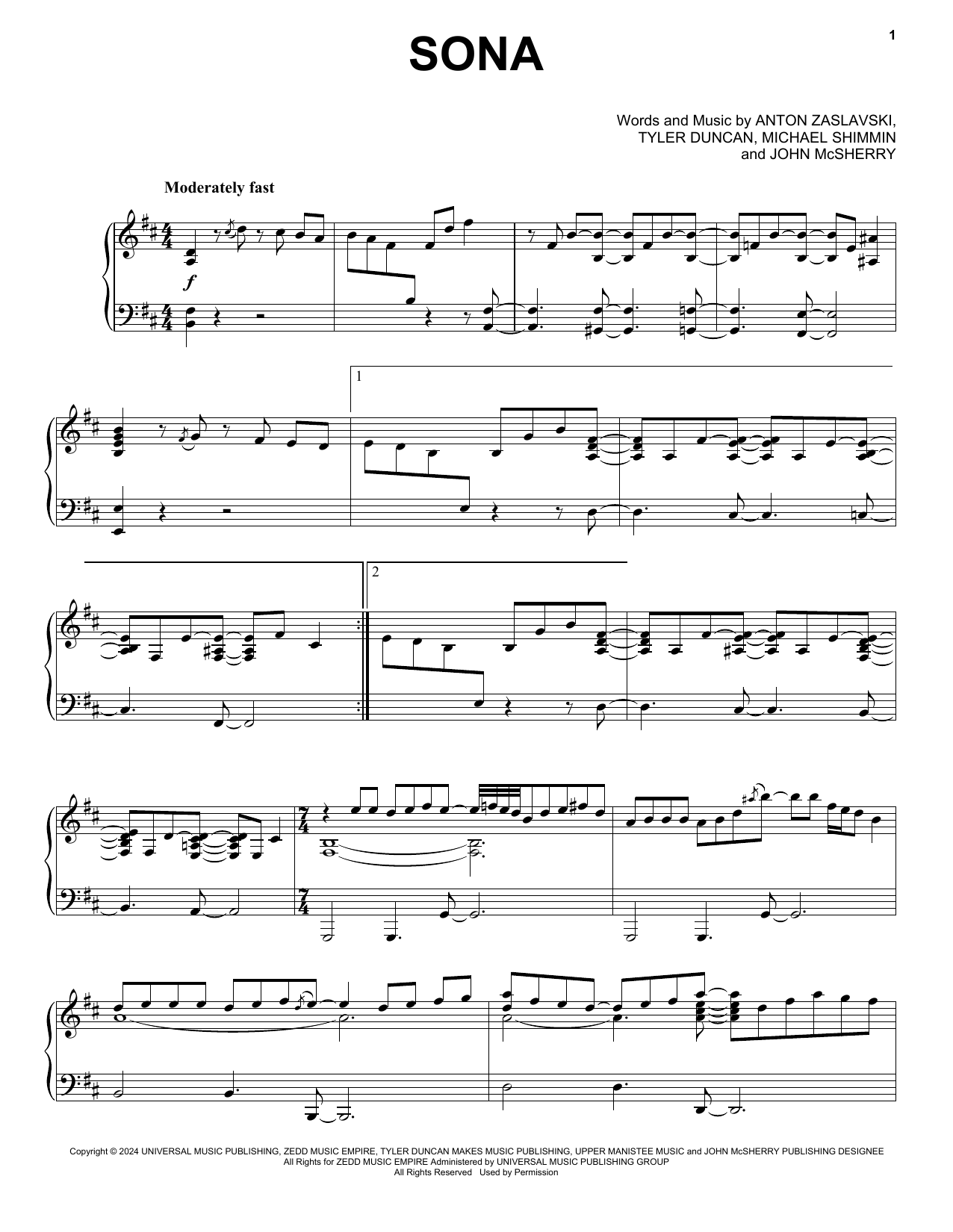 Zedd Sona (feat. The Olllam) sheet music notes and chords arranged for Piano Solo