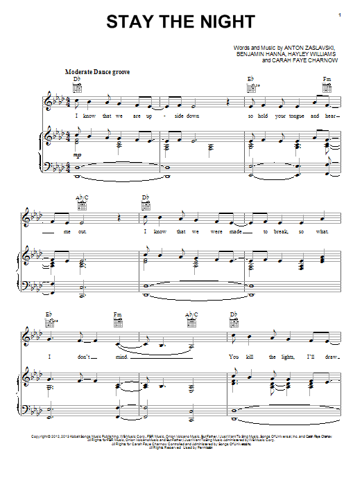 Zedd Stay The Night sheet music notes and chords arranged for Piano, Vocal & Guitar Chords (Right-Hand Melody)