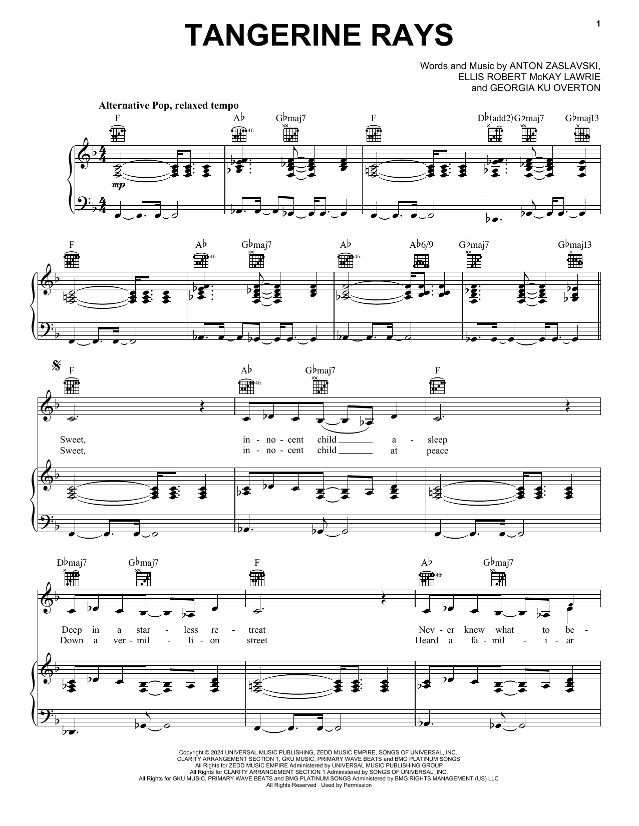 Zedd Tangerine Rays (feat. Bea Miller) sheet music notes and chords arranged for Piano, Vocal & Guitar Chords (Right-Hand Melody)