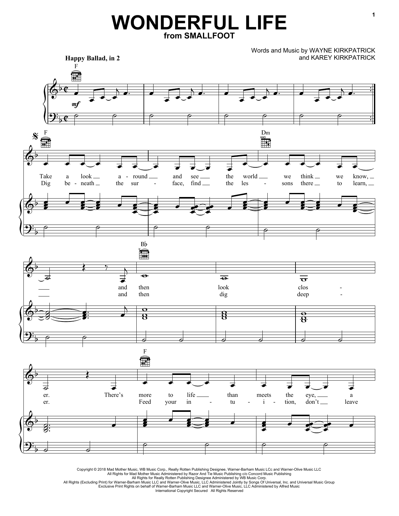 Zendaya Wonderful Life (from Smallfoot) sheet music notes and chords arranged for Piano, Vocal & Guitar Chords (Right-Hand Melody)