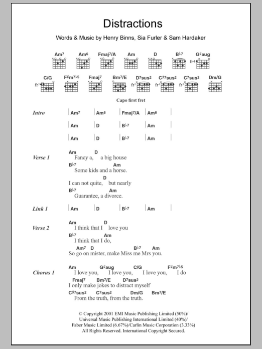 Zero 7 Distractions sheet music notes and chords arranged for Guitar Chords/Lyrics