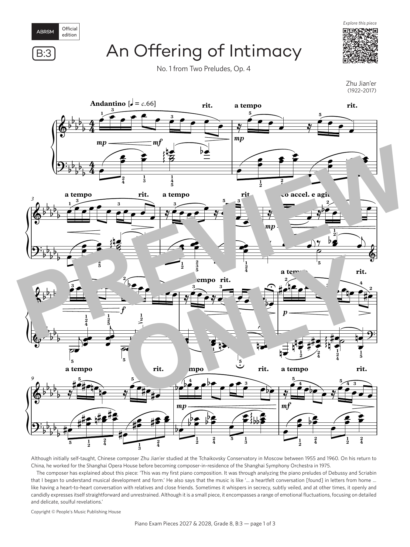 Zhu Jian'er An Offering of Intimacy (Grade 8, list B3, from the ABRSM Piano Syllabus 2027 & 2028) sheet music notes and chords arranged for Piano Solo
