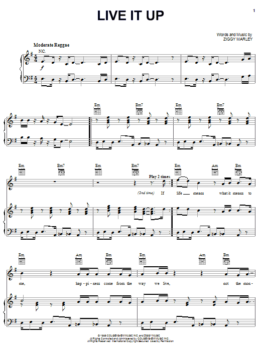 Ziggy Marley and The Melody Makers Live It Up sheet music notes and chords arranged for Piano, Vocal & Guitar Chords (Right-Hand Melody)