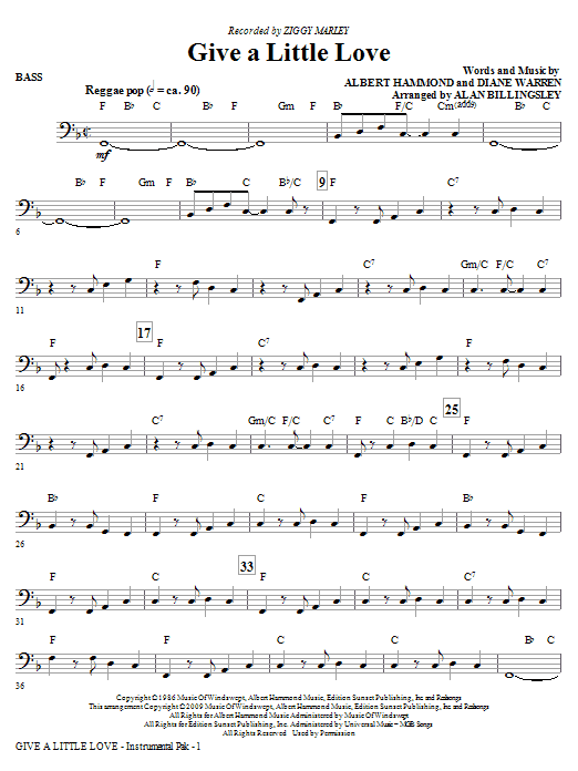Ziggy Marley Give A Little Love (arr. Alan Billingsley) - Bass sheet music notes and chords arranged for Choir Instrumental Pak