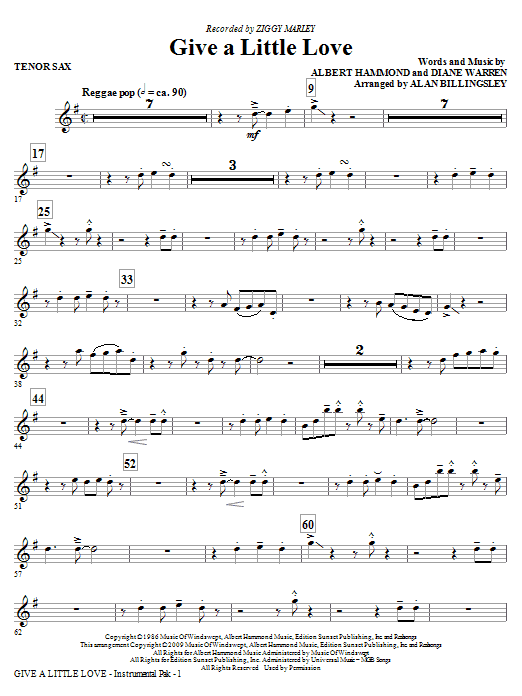 Ziggy Marley Give A Little Love (arr. Alan Billingsley) - Tenor Sax sheet music notes and chords arranged for Choir Instrumental Pak