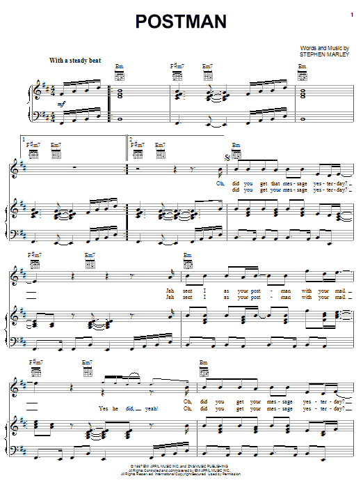 Ziggy Marley Postman sheet music notes and chords arranged for Piano, Vocal & Guitar Chords (Right-Hand Melody)