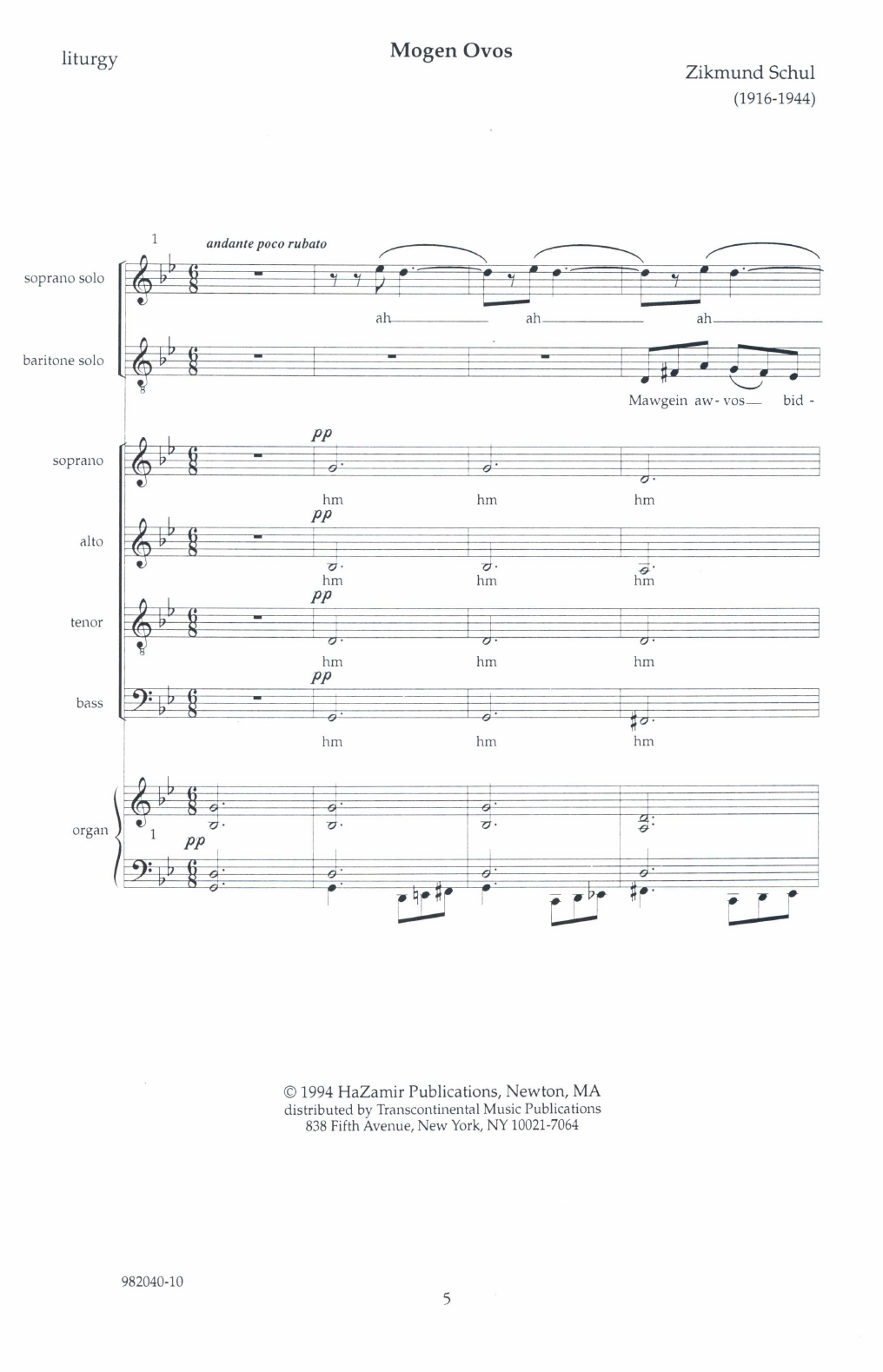 Zikmund Schul Mogen Ovos sheet music notes and chords arranged for SATB Choir