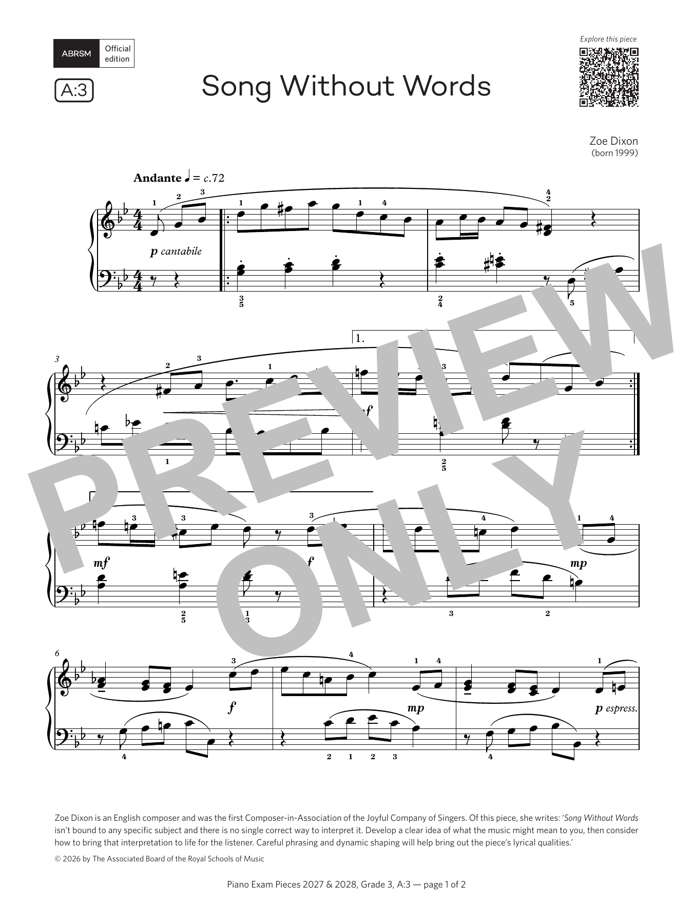 Zoe Dixon Song Without Words (Grade 3, list A3, from the ABRSM Piano Syllabus 2027 & 2028) sheet music notes and chords arranged for Piano Solo