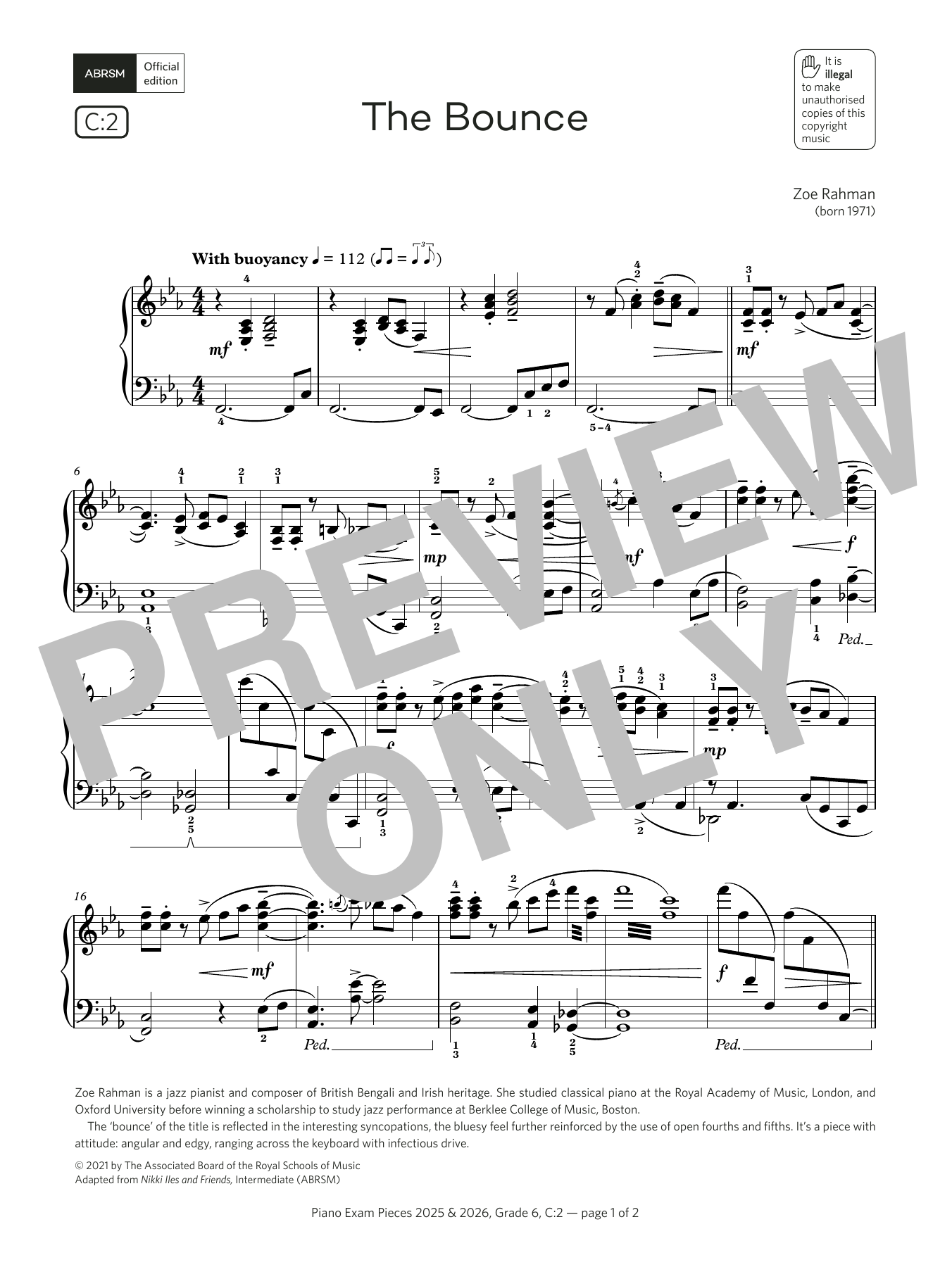 Zoe Rahman The Bounce (Grade 6, list C2, from the ABRSM Piano Syllabus 2025 & 2026) sheet music notes and chords arranged for Piano Solo