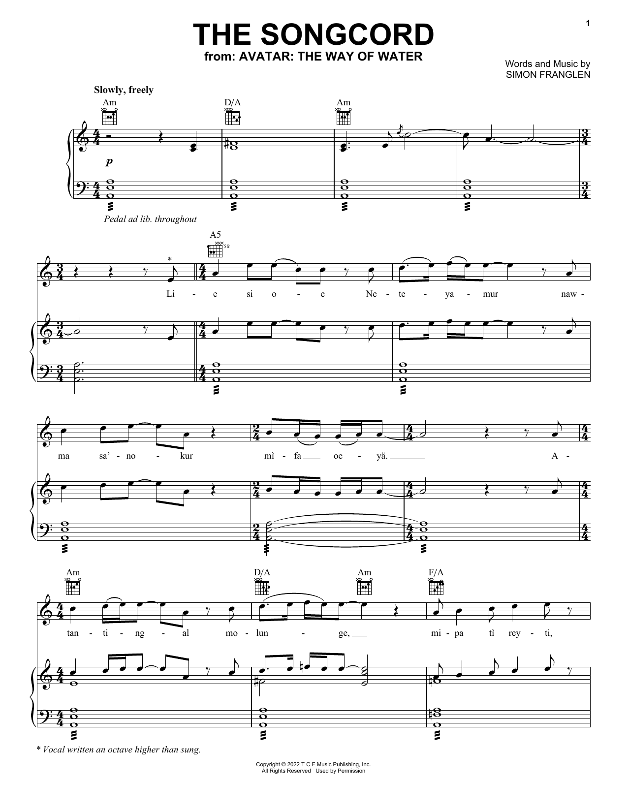 Zoe Saldana The Songcord (from Avatar: The Way Of Water) sheet music notes and chords arranged for Piano, Vocal & Guitar Chords (Right-Hand Melody)