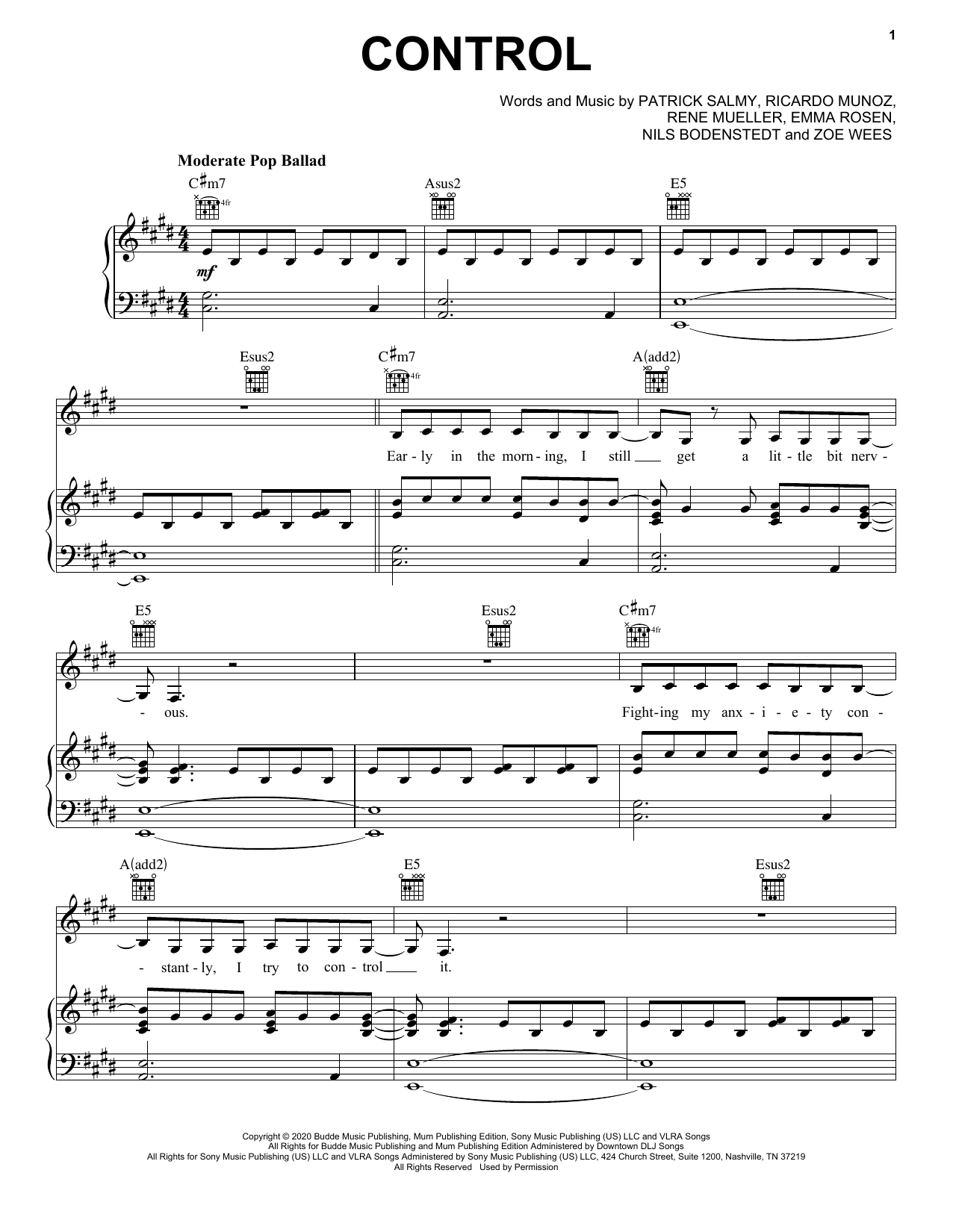 Zoe Wees Control sheet music notes and chords arranged for Piano, Vocal & Guitar Chords (Right-Hand Melody)