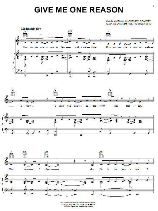 ZOEgirl Give Me One Reason sheet music notes and chords arranged for Piano, Vocal & Guitar Chords (Right-Hand Melody)