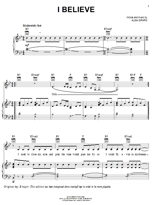 ZOEgirl I Believe sheet music notes and chords arranged for Piano, Vocal & Guitar Chords (Right-Hand Melody)