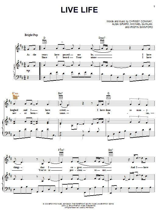 ZOEgirl Live Life sheet music notes and chords arranged for Piano, Vocal & Guitar Chords (Right-Hand Melody)