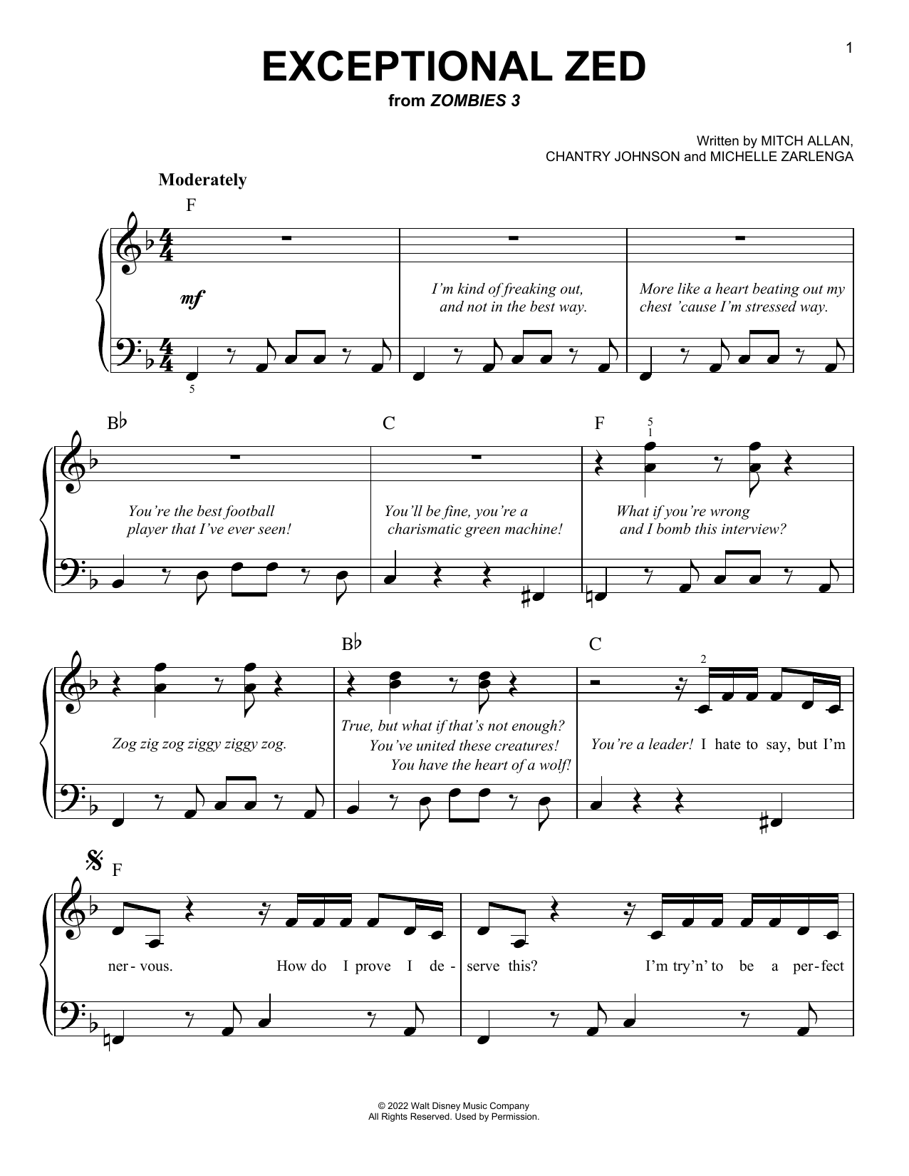 Zombies Cast Exceptional Zed (from Disney's Zombies 3) sheet music notes and chords arranged for Easy Piano