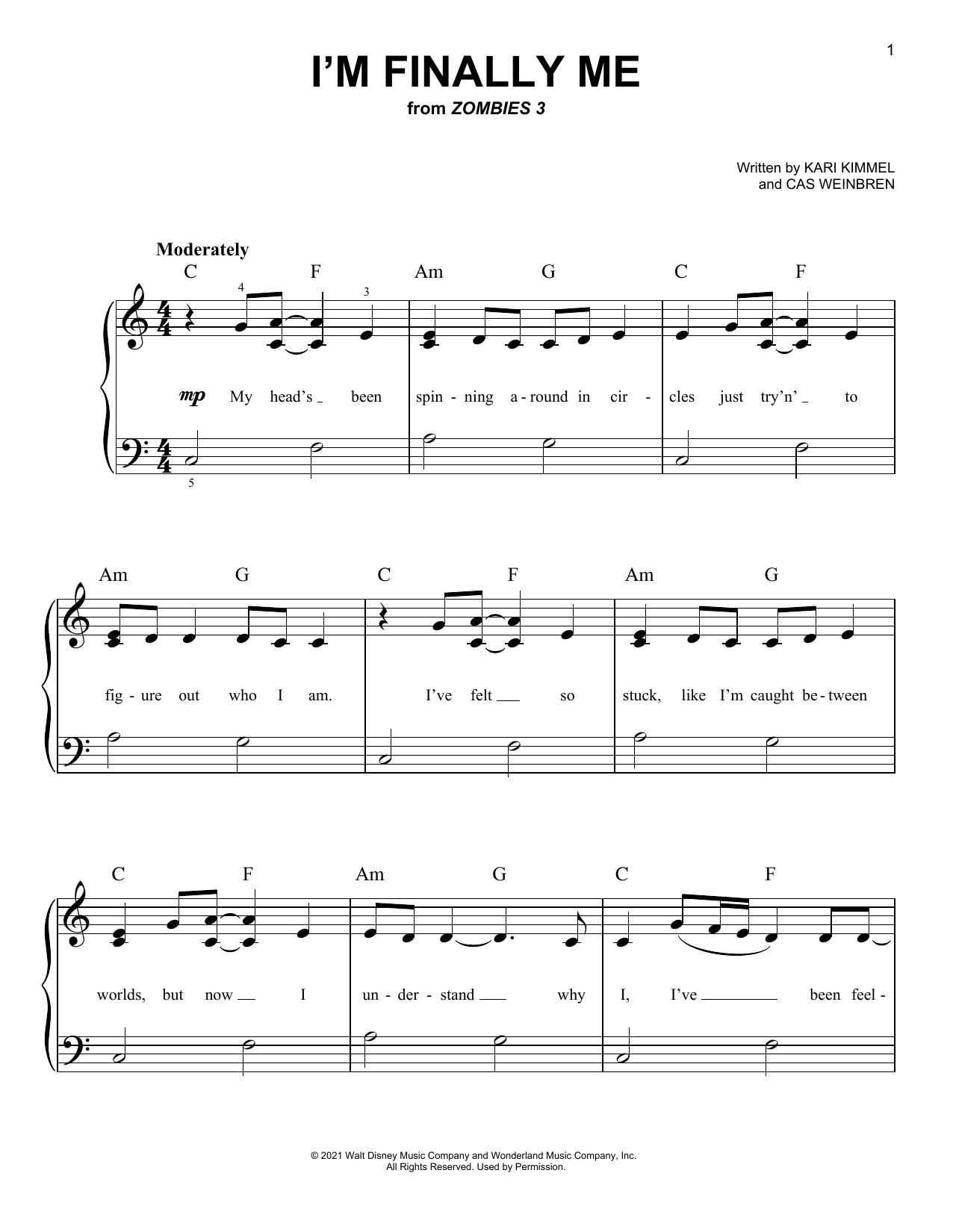 Zombies Cast I'm Finally Me (from Disney's Zombies 3) sheet music notes and chords arranged for Easy Piano