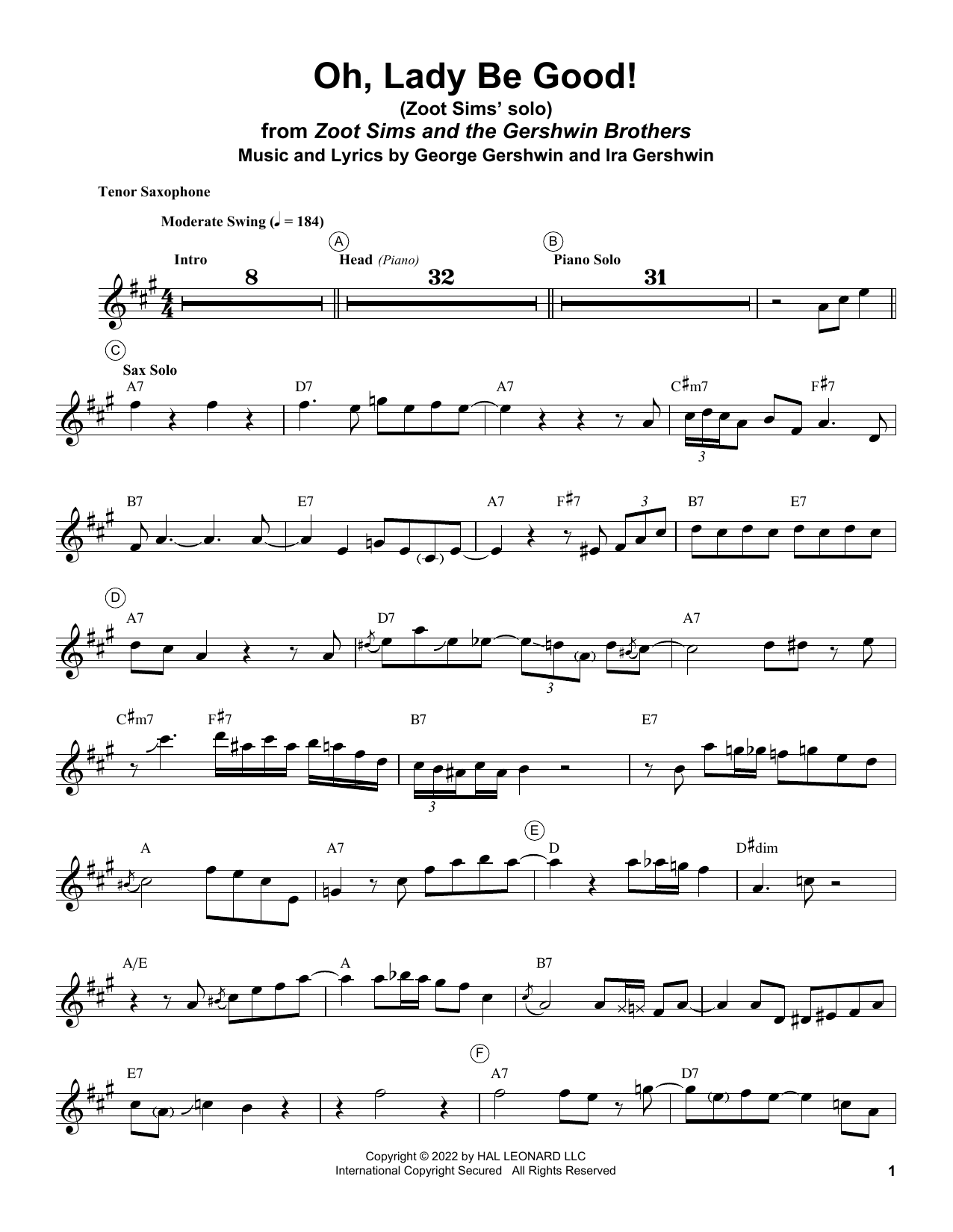 Zoot Sims Oh, Lady Be Good! sheet music notes and chords arranged for Tenor Sax Transcription