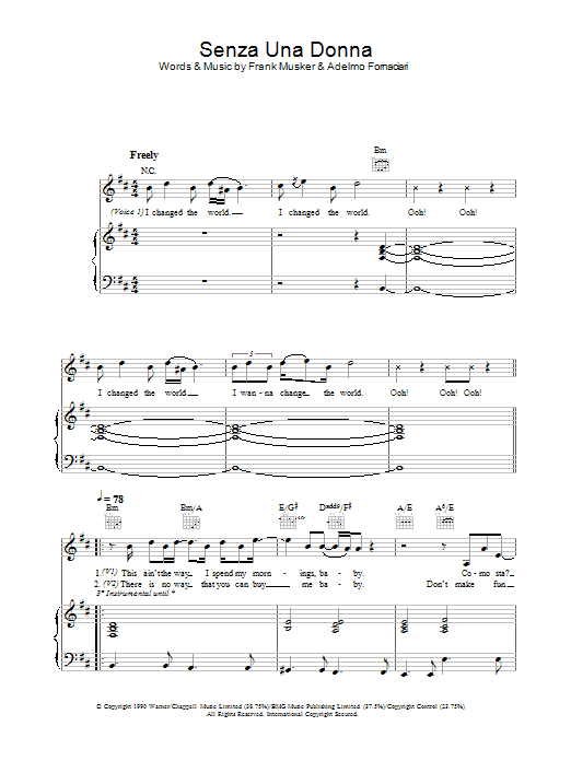 Zucchero Senza Una Donna (Without A Woman) sheet music notes and chords arranged for Piano, Vocal & Guitar Chords