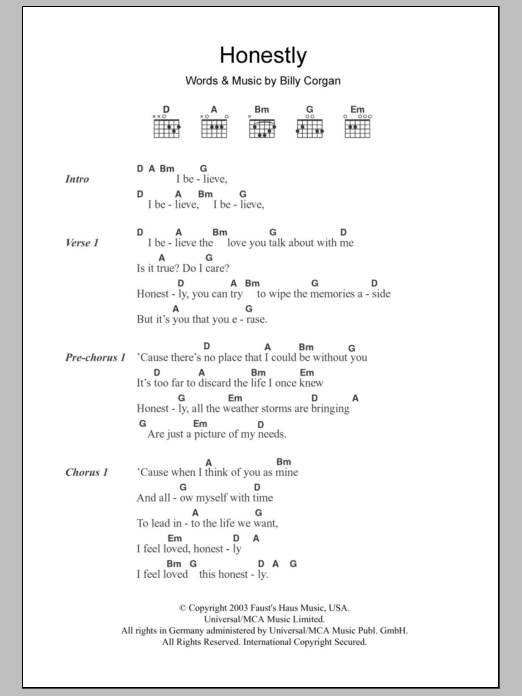 Zwan Honestly sheet music notes and chords arranged for Guitar Chords/Lyrics