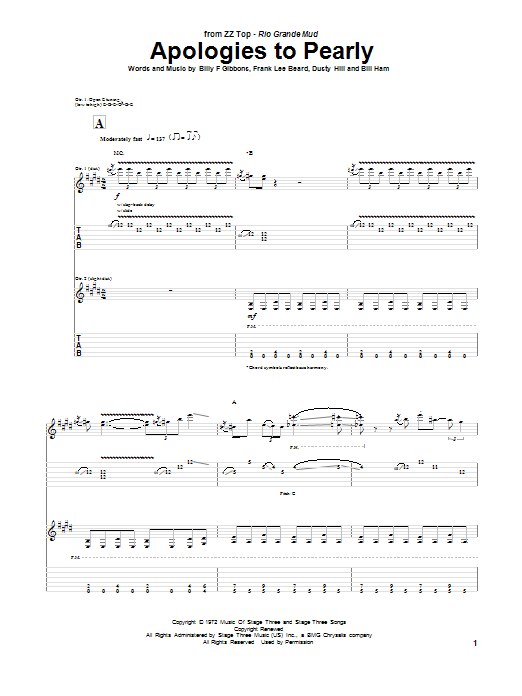 ZZ Top Apologies To Pearly sheet music notes and chords arranged for Guitar Tab