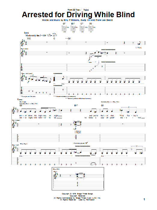 ZZ Top Arrested For Driving While Blind sheet music notes and chords arranged for Bass Guitar Tab