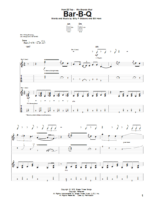 ZZ Top Bar-B-Q sheet music notes and chords arranged for Guitar Tab