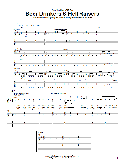 ZZ Top Beer Drinkers & Hell Raisers sheet music notes and chords arranged for Guitar Tab