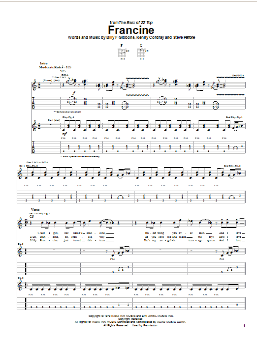 ZZ Top Francine sheet music notes and chords arranged for Easy Guitar Tab