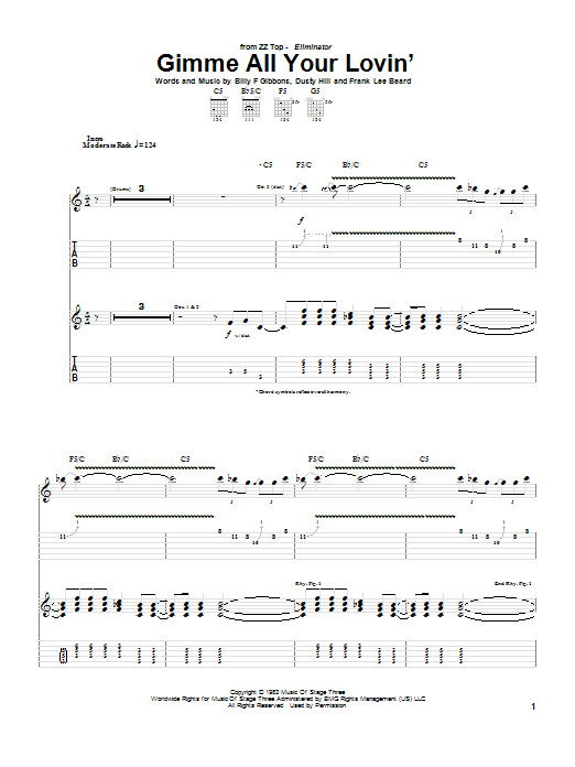 ZZ Top Gimme All Your Lovin' sheet music notes and chords arranged for Easy Guitar Tab
