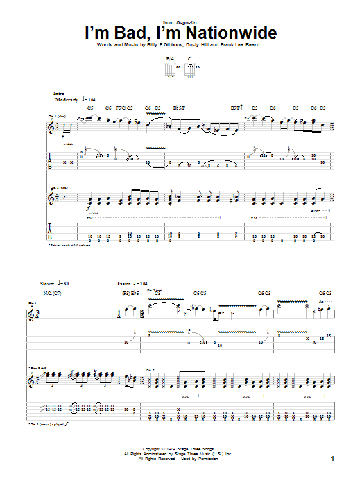 ZZ Top I'm Bad, I'm Nationwide sheet music notes and chords arranged for Bass Guitar Tab