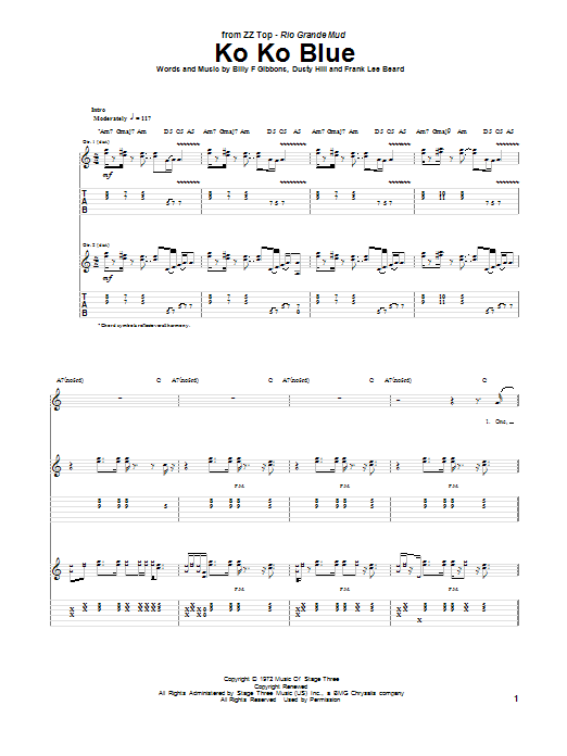 ZZ Top Ko Ko Blue sheet music notes and chords arranged for Guitar Tab