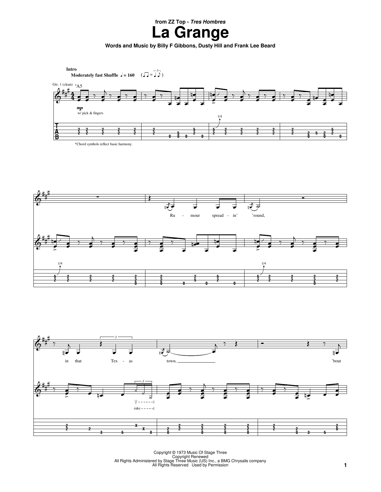 ZZ Top La Grange sheet music notes and chords arranged for Guitar Chords/Lyrics