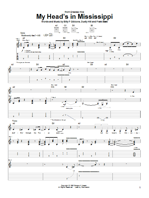 ZZ Top My Head's In Mississippi sheet music notes and chords arranged for Easy Guitar Tab