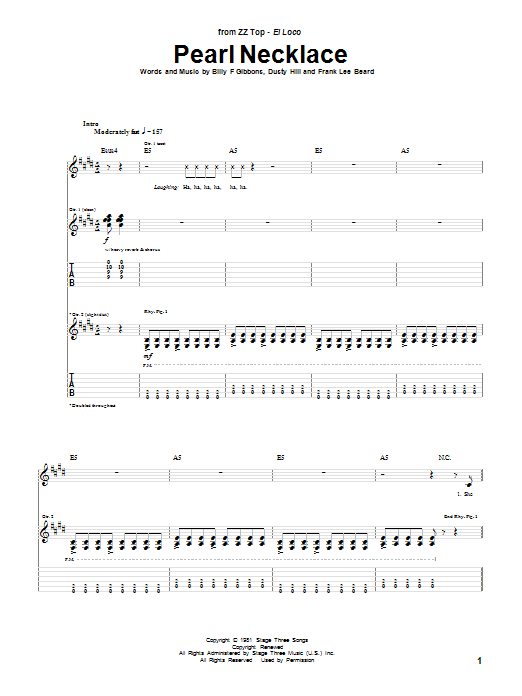 ZZ Top Pearl Necklace sheet music notes and chords arranged for Guitar Tab
