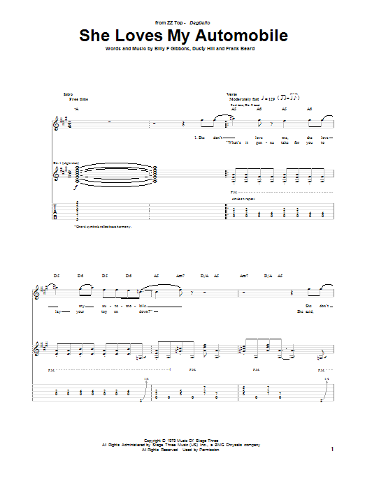 ZZ Top She Loves My Automobile sheet music notes and chords arranged for Guitar Tab