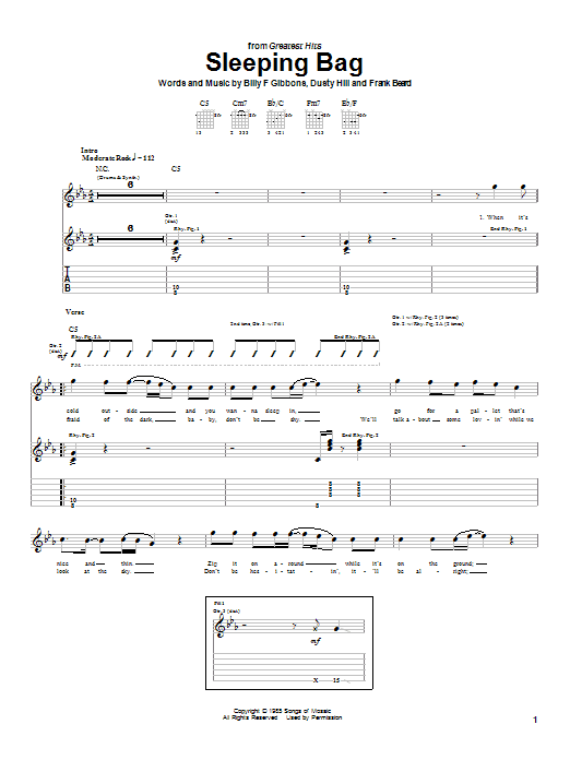 ZZ Top Sleeping Bag sheet music notes and chords arranged for Bass Guitar Tab