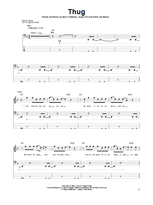 ZZ Top Thug sheet music notes and chords arranged for Bass Guitar Tab