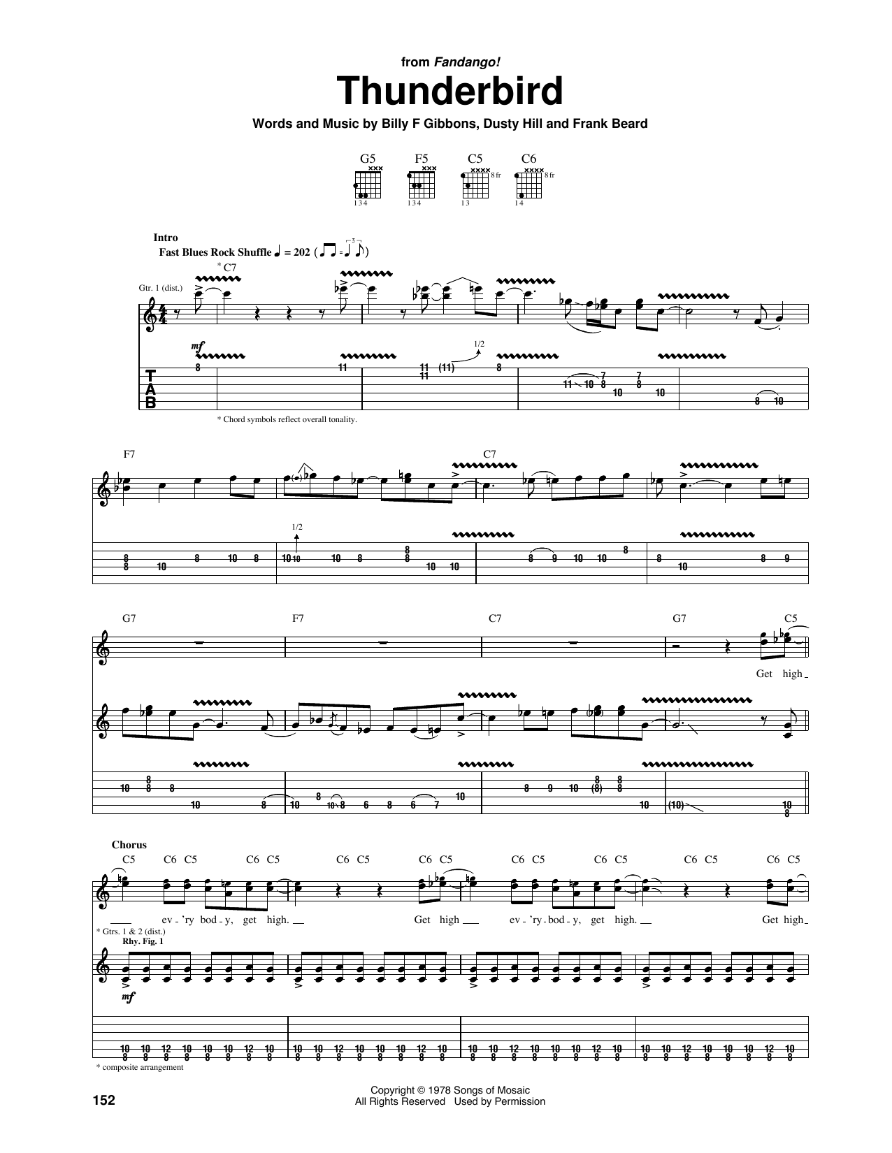 ZZ Top Thunderbird sheet music notes and chords arranged for Guitar Tab