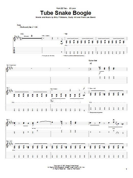 ZZ Top Tube Snake Boogie sheet music notes and chords arranged for Guitar Lead Sheet