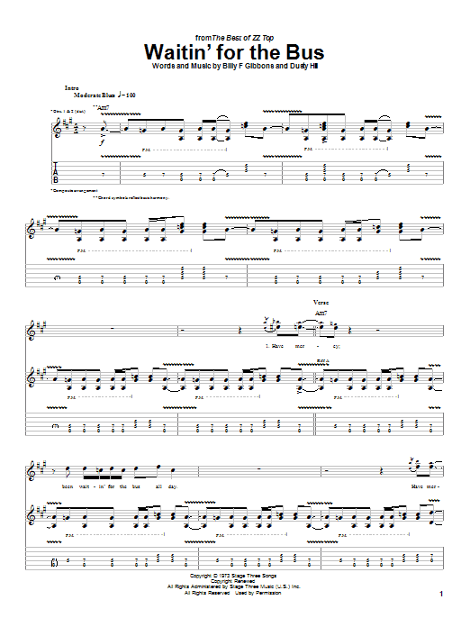 ZZ Top Waitin' For The Bus sheet music notes and chords arranged for Guitar Tab